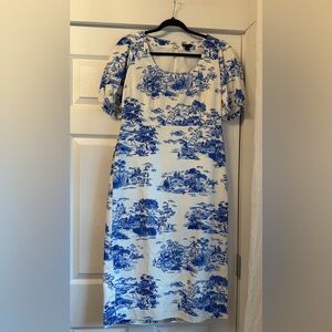Ann Taylor Blue and White Puff Sleeve Sheath Dress
